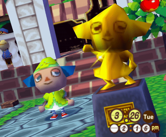 Scene from Animal Crossing of a player standing next to their gold statue